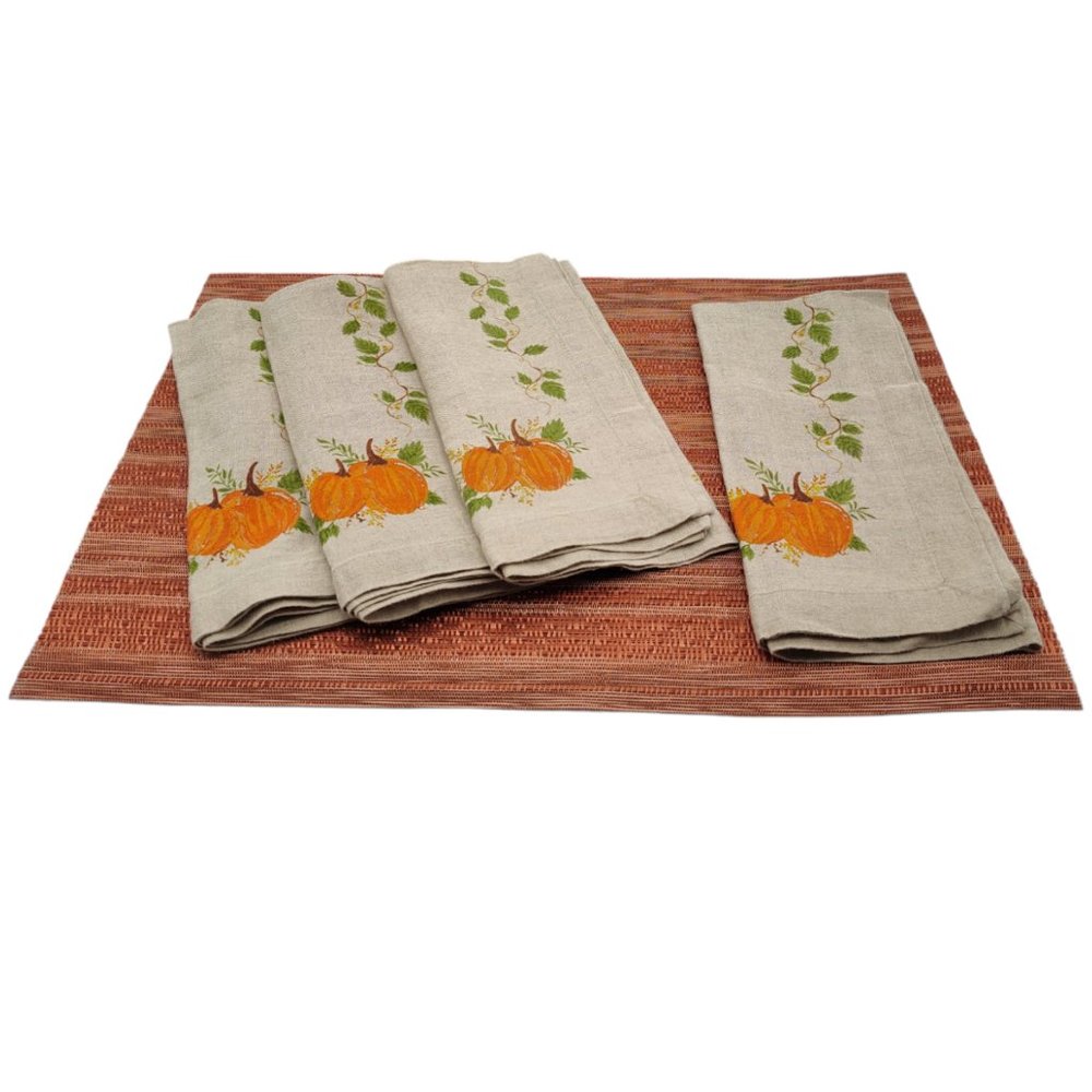 Sur La Table Set of 4 100% Natural Linen Napkins Fall Pumpkin Leaf Vine Edge New